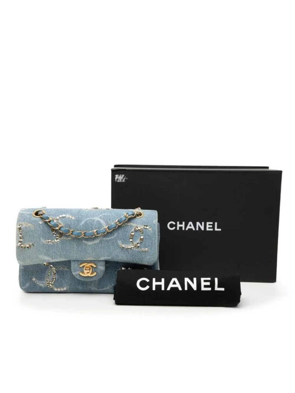 Chanel Quilted CC Logo Blue Gold Denim Sequins